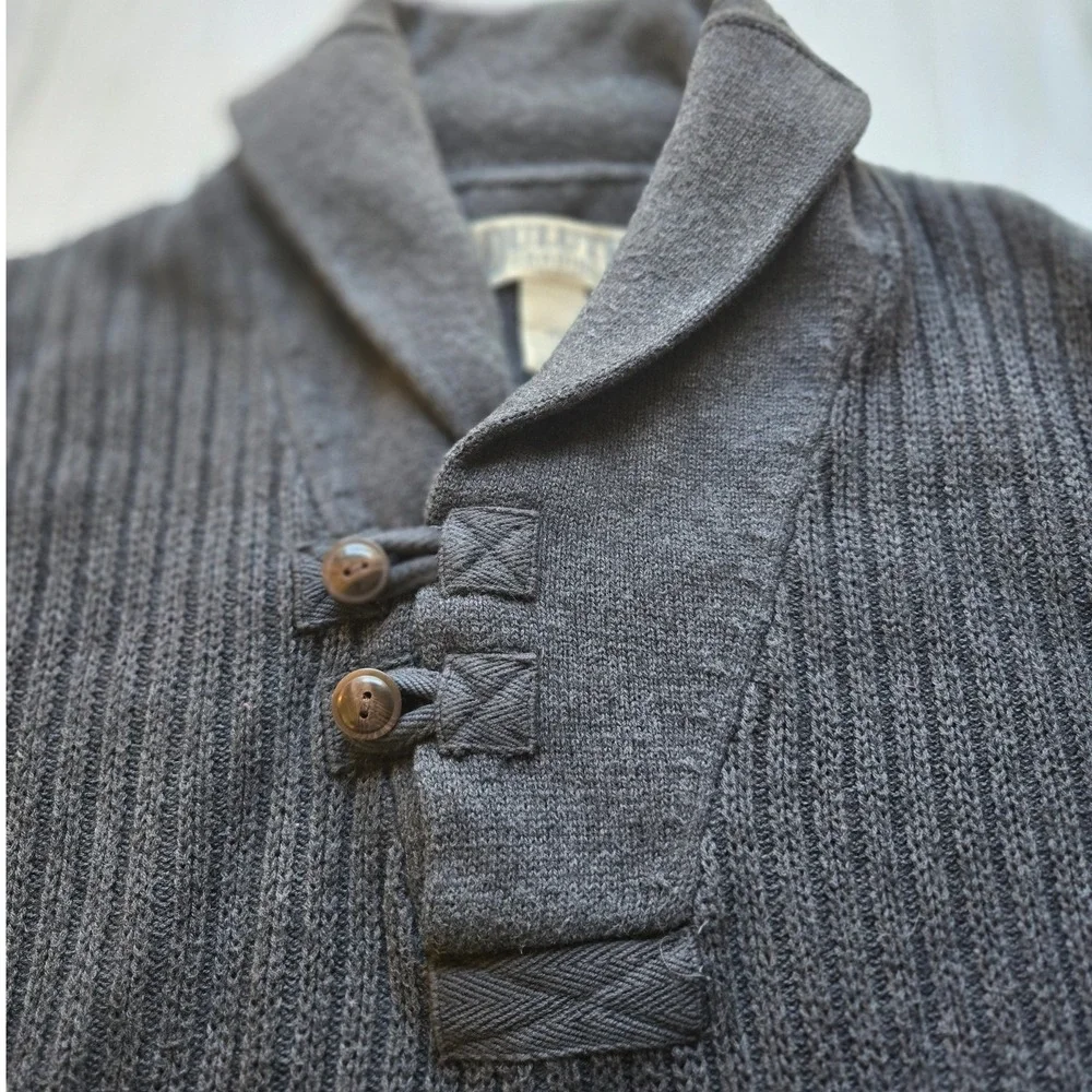 Duluth Trading Co. Mens 2XL Gray Ribbed‎ Knit Shawl Collar Button Sweater